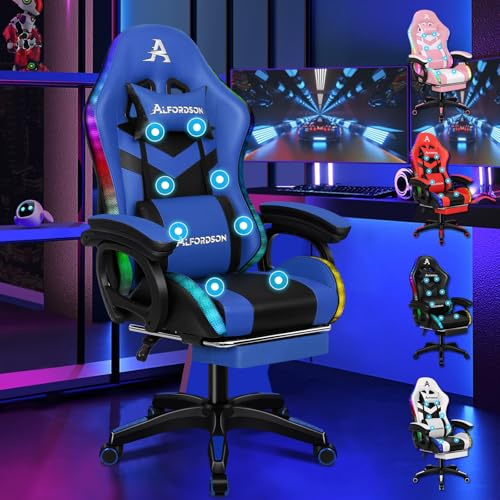 ALFORDSON Spelstol med 8-punkts massage och blå RGB LED-lampor | Rygg- och nackkudde, spelbelysning, kontor, dator, TV-spel