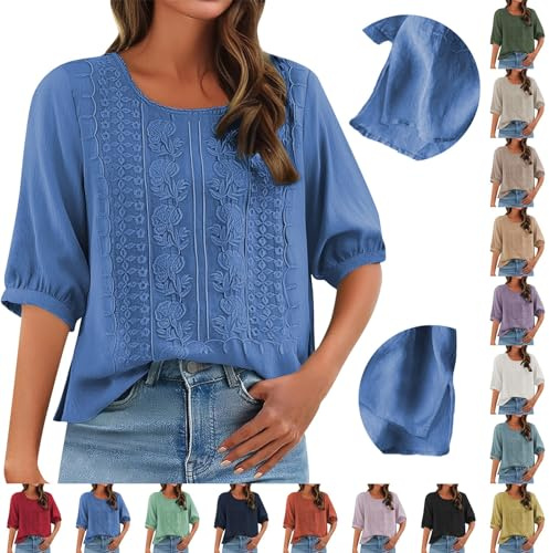 Angxiwan Linen Blouses for Women UK Linen Shirts for Women UK Casual Loose Fit Short Sleeve Tunic Tops Retro Floral Embroidery Jacquard Blouse Solid Color My+Orders My Recent Orders