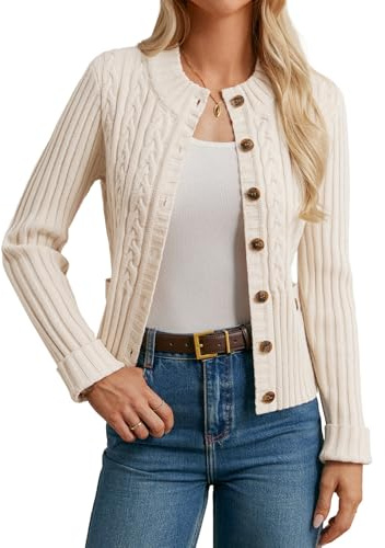 Beige Button Up Cardigan for Women, Cable Knit Chunky Cardigan, Cropped Sweater Jacket Winter S