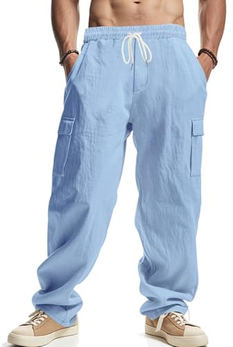 PADOLA Pantalon Lin Homme avec 4 Poches Taille Elastique Décontracté Pantalons de Travail Léger été Cargo de Plage Fluide Pantalon Yoga Cordon de Serrage Uni Baggy Grande Taille (6 Bleu Clair, XL)