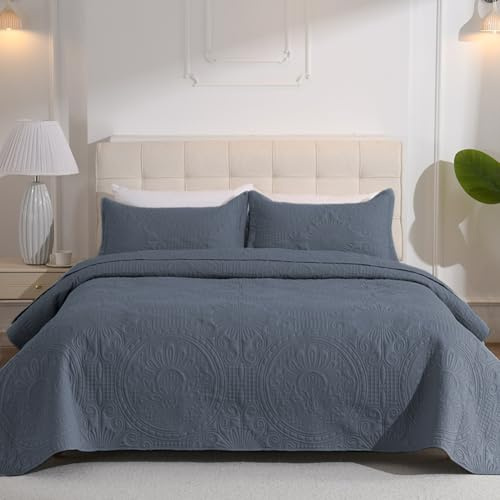 DUJUIKE Copriletto Matrimoniale, Copriletto 240x260cm Set Da Tre Pezzi, Con 2 Federe 50x90 cm, Trapunta Goffrata Multifunzionale, Può Essere Utilizzato Come Lenzuolo Per Divano (Grigio Blu)
