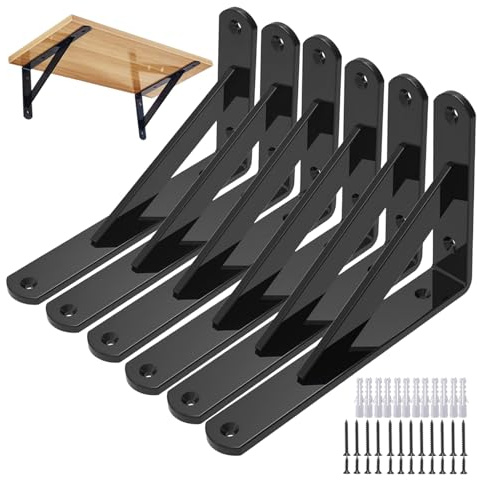 6 Stück Regalhalterungen aus Stahl, Set Stabile Dreieckige Regalträger 250 x 160mm, Regalhalterung Schwarz Metall Schwerlast Regalwinkel für Wandmontage, Tischbeine und Bettbeine, Wand Regalträger