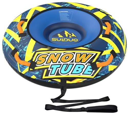 SULDUO 47''Heavy Duty Snow Tube with Premium Canvas Cover and 4 Foam Filled Handles,Inflatable Snow Sled for Kids and Adult,Thickened Hard Bottom Snow Tubes for Winter Outdoor Fun Sledding