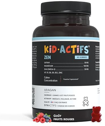 Kidactifs Zen Gummies Anti Stress Enfant Goût Fruits Rouges - Omega 3, Magnesium, Safran, Vitamines, Zinc - +3 Ans - Aragan - 30 Jours