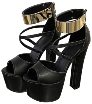 ODWTMRK Escarpins Femme Talon Haut Chaussures de Danse Sexy Plateforme Talons Bloc Fermeture éclair, Soirée Mariage Parti Sandales Mode Sangle de la Cheville(Noir,38)