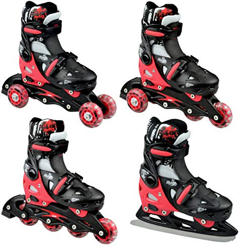 Raven - Pattini a rotelle per bambini, ragazze, ragazzi, quad, pattini a rotelle per adulti, bambini - Pattini a rotelle 4 in 1 con pattini da ghiaccio - Singer Black/Red, 33-36 (20-22,5cm)