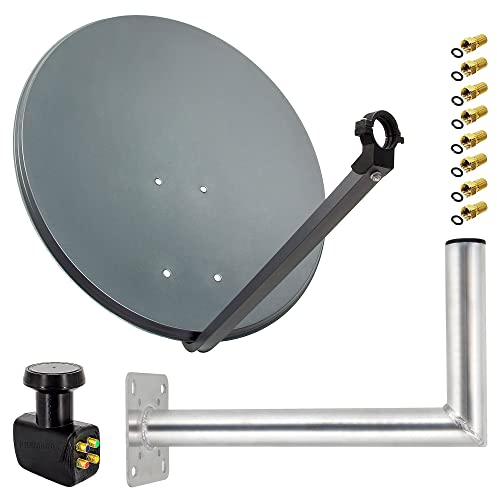 PremiumX Satelliten-Komplettanlage 60cm Anthrazit Satellitenantenne Satellitenschüssel SAT Quad LNB Wandhalter 45cm 8X F-Stecker