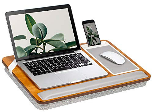 ROSSIE HOME Premium Acacia Wood Lap Desk with Wrist Rest, Mouse Pad, and Phone Holder - Fits up to 15.6 Inch Laptops - Natural - Style No. 91726