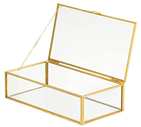 WHSLILR Vintage Glass Jewelry Box Keepsake Box with Hinged Lid, Great for Storage Trinket/Jewelry/Card/Photo, Gold Decorative Box for Dresser-15612E