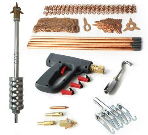 GMSLuu 86 piezas de accesorios spotter caja herramientas reparación abolladuras kit juego abolladuras con Dent Puller Slide Hammer Pistola soldadura por puntos Pulling Claw Hook