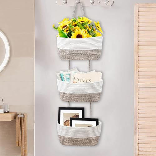 Royiwe Organizer per Appendere, Organizzatore da Parete per Porta, Cesto di Frutta in Corda 3 Livelli, Borsa portaoggetti Cesto di Verdure Decor Boho per Soggiorno e Camera da Letto vivaio (B)