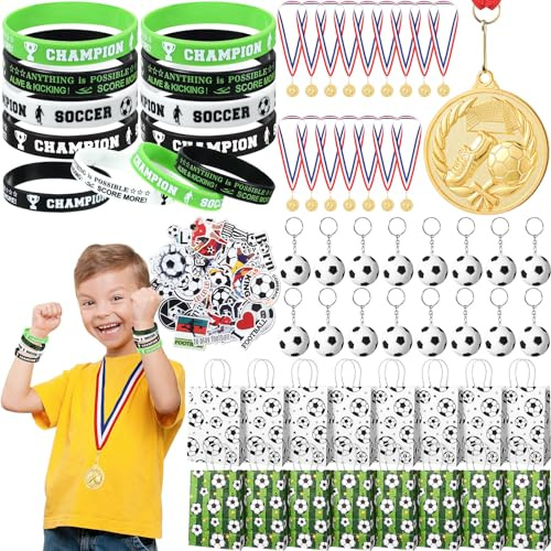 JaGely 114 Pcs Soccer Party Favors Set Soccer Goodie Bag Fillers Include 16 Silicone Bracelets 16 Medals 16 Keychains 16 Paper Bag 50 Stickers for Sports Birthday Party