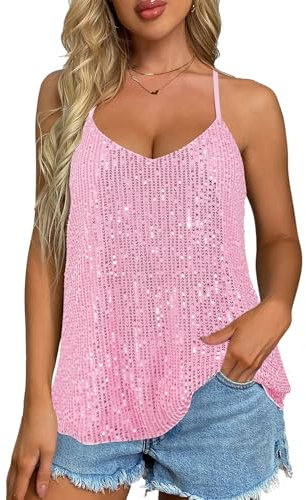Segreto Damen Glitezer Pailletten Trägertops Perlen Ärmellos V-Ausschnitt A-Linie Cami Top Party Oberteile Shirt Weste Rosa