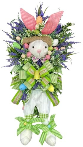 Corona de conejo de Pascua, coronas de conejo con huevo de flores, decoración de Pascua, corona de primavera para puerta de casa, pared, ventana, decoración de casa