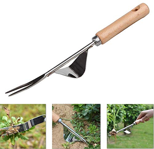 YAVO-EU Extractor de maleza de Acero Inoxidable, Eliminar Malas Hierbas Extractor Quita Desherbador Manual Horquilla de Mango de Madera Desmalezador de Jardín De Acero Inoxidable (Style 2)