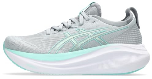 Asics Tenis de Correr Gel-Nimbus 27 para Mujer, Gris piamonte/Menta iluminada, 39.5 EU