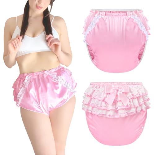 LittleForBig tvättbar återanvändbar vattentät rufsig spets rosett pretty i rosa satin över vuxen blöja skydd rosa S