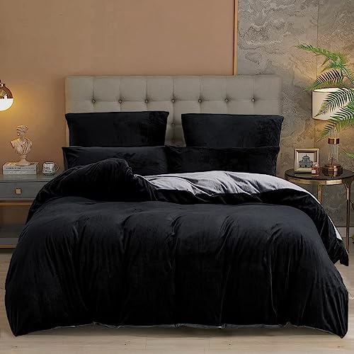 YASMENG Copripiumino in flanella 200x200 cm invernale caldo nero grigio pile set biancheria da letto in flanella morbido accogliente soffice biancheria da letto per 2 persone con cerniera e federe