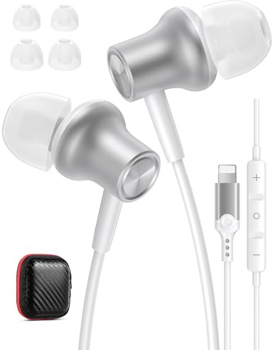 iMangoo Auriculares magnéticos HiFi estéreo con cable para Apple compatibles con conector Lightning, micrófono, control de volumen para iPhone 14 Plus 13 Pro Max 12 Mini 11 10 XS XR plateado