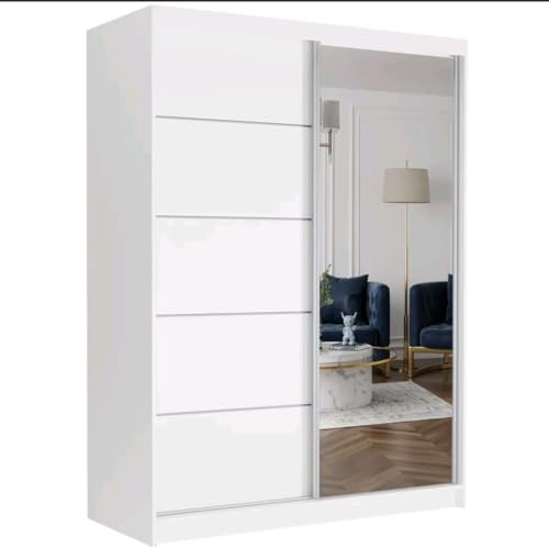 Gaba furniture 100 cm White Sliding Door Wardrobe with Mirror Width 100/120/150/180/200/250 cm Bedroom Wardrobe with Hanging Rail and Shelves Colours White/Black/Sonoma