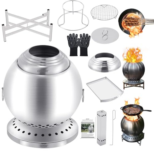 Goture Rauchfreie Feuerschale Ø18cm mit Dreifachverbrennung 150% Effizienz, Kugel-Feuertonne mit Grillrost und Untergestell für 360° Wärme, Garten, Terrasse, Camping (Raucharm & Tragbar)