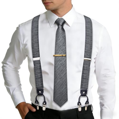 YourTies Grey Suspenders and Tie for Men Silk Elastic Y Type Braces Necktie 6 Clips Tie Clip Party Wedding Tuxedo Dress Pants