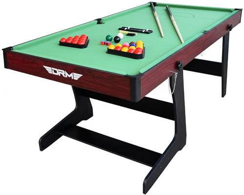 DRM Folding Pool Billiards Table with Accessories, Space Saving Family Leisure Game Table Set, Supplied with Snooker & Pool Balls & 2 x Cues