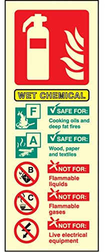 Caledonia Signs 31231S Wet Chemical Fire Extinguisher Identification Sign, Photo luminescent Rigid, 75 mm x 200 mm