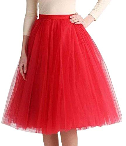 Minetom Damen Mädchen Tüllrock Hochwertiger Gefalteter Gaze-Knie-Längenrock Erwachsener Tutu-Tanzenrock Unterrock Party Abend Formelle Rock Rot M (66-110cm)