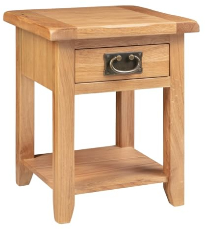 Hallowood Furniture Monchique Small Oak Side Table with Storage, Solid Wooden Lamp/Telephone Table with Drawer and Lower Shelf, Fully Assembled Bedside, Hallway and Living Room Furniture