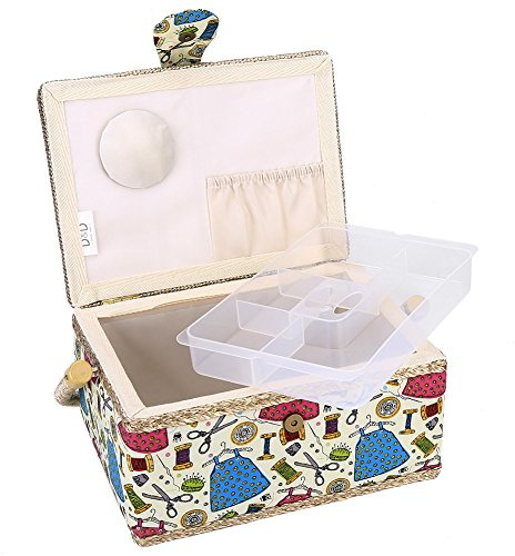 HERCHR Grand Panier de Couture, boîte de Rangement de kit de Couture de boîte de Couture de Tissu Vintage avec la Poche intérieure de Plateau Amovible pour Les Fournitures de Couture(Vert)