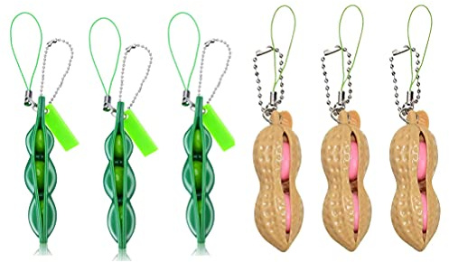 MiaLover 6 Stück Squeeze Toys Edamame Erdnuss Bean Bohne Anhänger Schlüsselanhänger Squeeze Anhänger Lustige Gadgets Reduziert Angst und Stress für Handy Kette