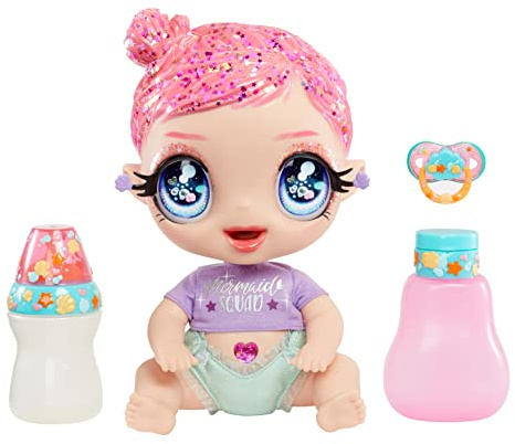 Glitter Babyz MGA Marina Finley – babydocka med 3 magiska färgförändringar genom iskallt vatten, rosa glitterhår, sjöjungfruoutfit, blöja, flaska och napp – för barn från 3 år