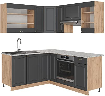 Vicco Eckküche Fame-Line, Anthrazit Landhaus/Goldkraft Eiche, 160 x 190 cm ohne Arbeitsplatte