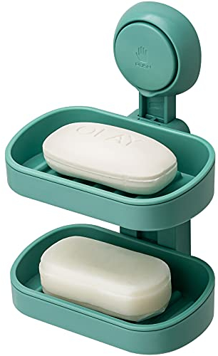 TAILI Double Layer Suction Cup Soap Holder, Soap Dish Suction Cup Sponge Holder for Shower Bathroom & Kitchen, Max Hold 5KG Drill-Free Removable Green in Plastic, 2 tier Green