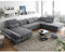 Wohnlandschaft mit verstellbaren Kopfstützen und Schlaffunktion in Mikrovelours dunkelgrau | Sofa in U-Form mit Bettkasten rechts