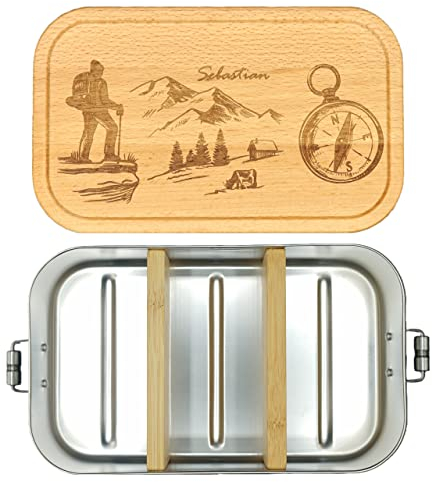 Thiger Brotdose zum Wandern - Edelstahl mit Fächern und Holzdeckel - Personalisiertes Geschenk - Lunchbox für Wanderer - Edelstahl Trinkflasche (1100 ml + 2 Trennwände)