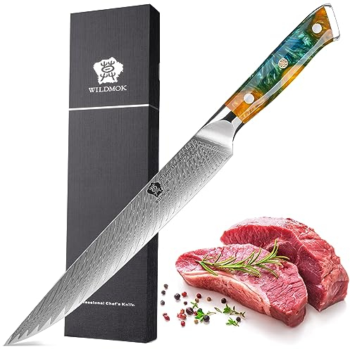 WILDMOK Coltello da intaglio Damasco, coltello da carne professionale tagliente 22.9cm, coltello multifunzione da cucina in acciaio giapponese Super VG10 con manico completo
