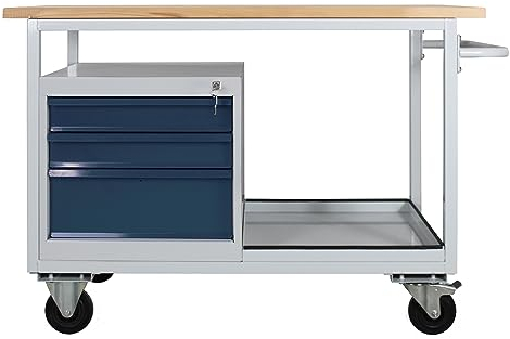 PROREGAL Light Rhino Établi mobile avec compartiment de rangement + 3 tiroirs - H x l x P : 85 x 130 x 60 cm - 2 roulettes pivotantes (avec frein) et 2 roulettes fixes - Gris clair/gris anthracite