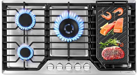 AMZCHEF 36 inch Gas Cooktop with 5 Made in Italy SABAF Power Burners.Max 48300 BTU/hr Built-in Gas Stove top of 304 Stainless steel with Double Sided griddle,NG/LPG Convertible,ETL.