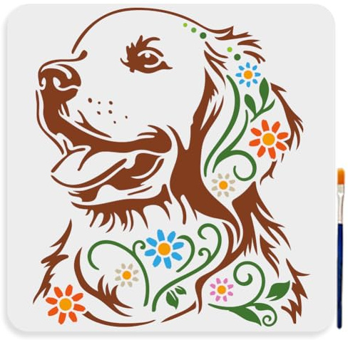 MAYJOYDIY Plantilla de perro estampado de 30 x 30 cm, plantilla grande floral Golden Retriever con pincel de pintura, plantilla reutilizable para madera, lona, tela, decoración de muebles de pared