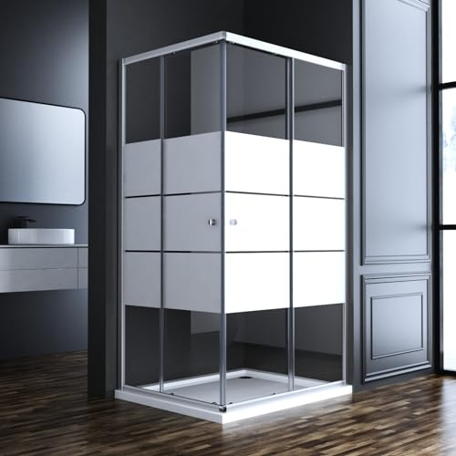 Goezes Duschkabine Eckeinstieg 100x100x185cm Duschabtrennung mit Schiebetüren, Gestreift Glas Eckeinstieg Duschkabine Dusche Duschwand mit 6mm ESG Glas, LINKS & RECHTS MONTIERBAR