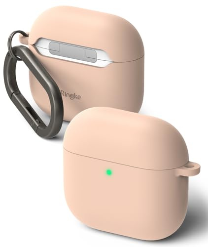 Ringke Silicone Compatible with AirPods 4 Case, Soft Feeling Liquid Silicone Anti-Scratch Shockproof Oil Smudge Proof Protective Cover with Keychain Carabiner for AirPods 4th Generation - Pink Sand