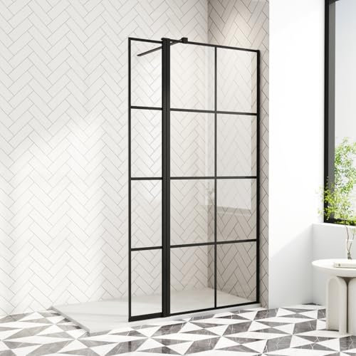 AQUARA 700mm Shower Screen with 300mm Flipper Panel, 8mm Easy Clean Toughened Saftey Glass with Support Bar, Black Grid Walk in Shower Screens