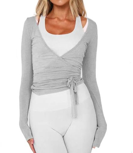 Women Wrap Tie Top Y2k Long SLeeve Ballet Workout Yoga Shirt Coquette Blouses (US, Alpha, Medium, Regular, Regular, Grey)
