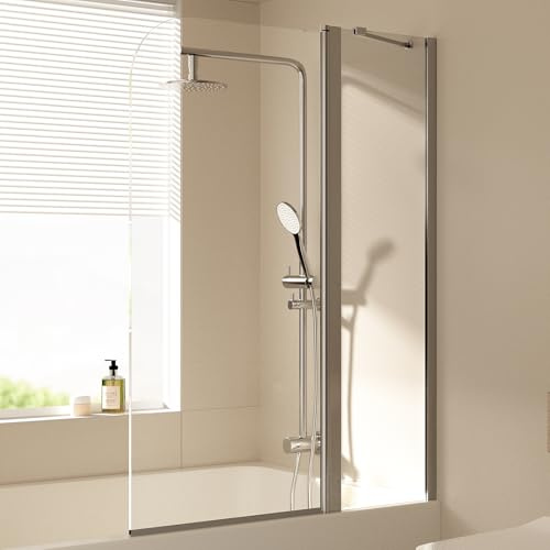 EMKE Mampara de ducha para bañera, 100 x 140 cm, accesorio plegable con pared lateral, mampara de ducha para bañera, pared plegable de 6 mm, cristal de seguridad