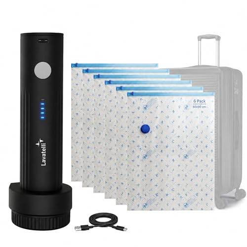 Lavatelli – Set Bolsas al Vacío 60 x 90 cm + Bomba Eléctrica Recargable USB-C | Ideal para Edredones, Mantas, Ropa y Armarios | Bomba Inalámbrica Compacta | Uso y ahorro de espacio en Casa y Viaje