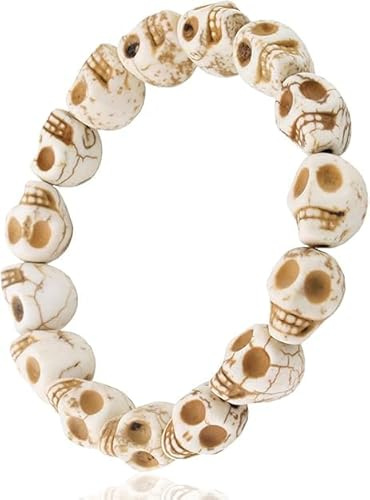 jiajiubai 2 braccialetti (grandi e piccoli) con teschio con howlite colorata e perline turchesi sintetiche, braccialetto tibetano con scheletro, per preghiera mala, per uomini e donne, gioielli per
