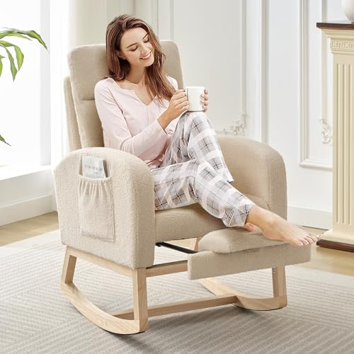 PeacefulHues Modern Nursery Rocking Chair, Teddy Upholstered Rocking Chair with Footrest, Comfortable Rocker Recliner with Side Pocket, Rocker Glider for Living Room, Bedroom, Nursing Room
