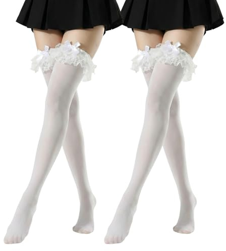 Qwrqwr 2 pares de calcetines tradicionales para mujer con volantes Lolita hasta la rodilla, calcetines cómodos blancos, Blanco B, Talla única